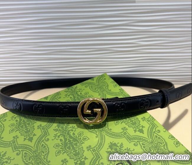 Luxury Cheap Gucci GG Embossed Leather Belt 2cm with Interlocking G Buckle 1127 Black/Gold 2024