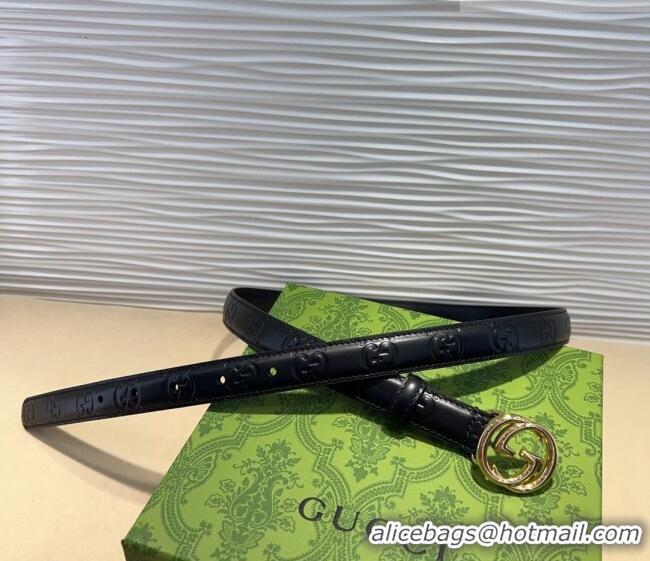 Luxury Cheap Gucci GG Embossed Leather Belt 2cm with Interlocking G Buckle 1127 Black/Gold 2024