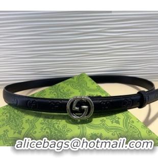 Pretty Style Gucci GG Embossed Leather Belt 2cm with Interlocking G Buckle 1127 Black/Silver 2024