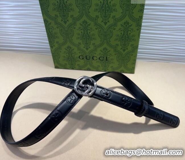 Pretty Style Gucci GG Embossed Leather Belt 2cm with Interlocking G Buckle 1127 Black/Silver 2024