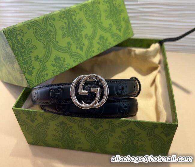 Pretty Style Gucci GG Embossed Leather Belt 2cm with Interlocking G Buckle 1127 Black/Silver 2024