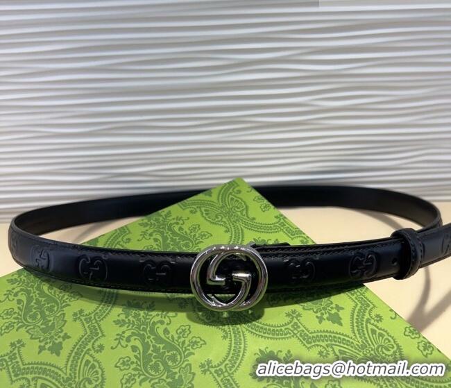 Pretty Style Gucci GG Embossed Leather Belt 2cm with Interlocking G Buckle 1127 Black/Silver 2024