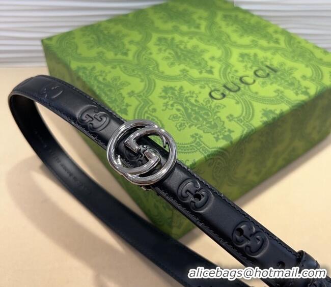 Pretty Style Gucci GG Embossed Leather Belt 2cm with Interlocking G Buckle 1127 Black/Silver 2024