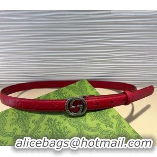 Shop Discount Gucci GG Embossed Leather Belt 2cm with Interlocking G Buckle 1127 Red/Silver 2024