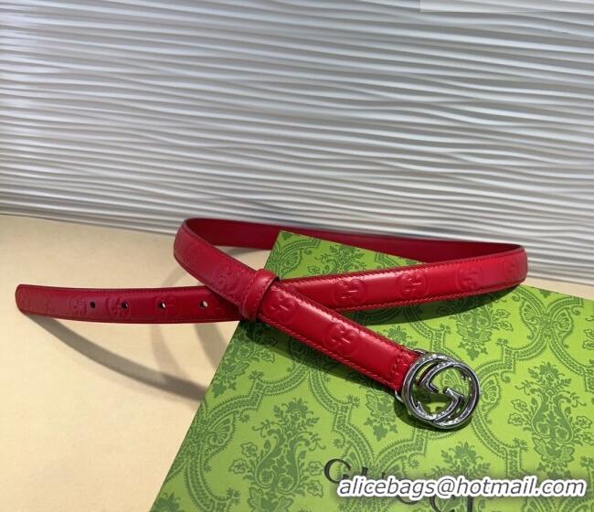 Shop Discount Gucci GG Embossed Leather Belt 2cm with Interlocking G Buckle 1127 Red/Silver 2024