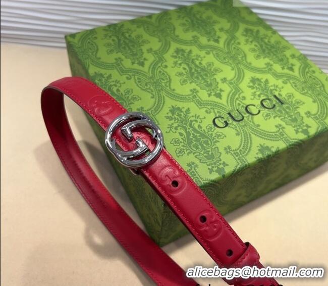 Shop Discount Gucci GG Embossed Leather Belt 2cm with Interlocking G Buckle 1127 Red/Silver 2024