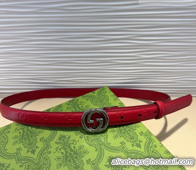 Shop Discount Gucci GG Embossed Leather Belt 2cm with Interlocking G Buckle 1127 Red/Silver 2024