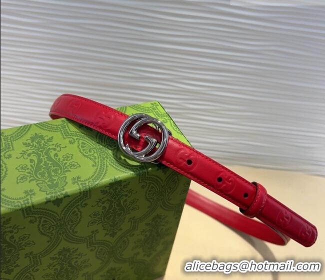 Shop Discount Gucci GG Embossed Leather Belt 2cm with Interlocking G Buckle 1127 Red/Silver 2024