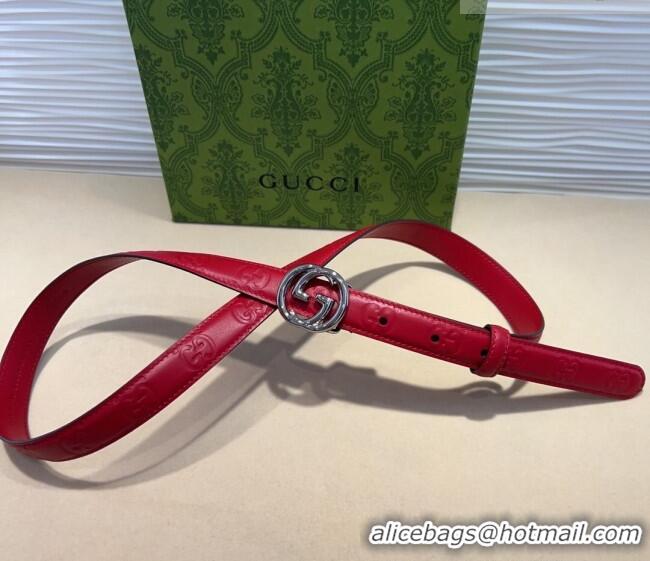 Shop Discount Gucci GG Embossed Leather Belt 2cm with Interlocking G Buckle 1127 Red/Silver 2024