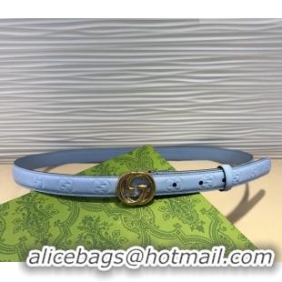 Well Crafted Gucci GG Embossed Leather Belt 2cm with Interlocking G Buckle 1127 Blue/Gold 2024
