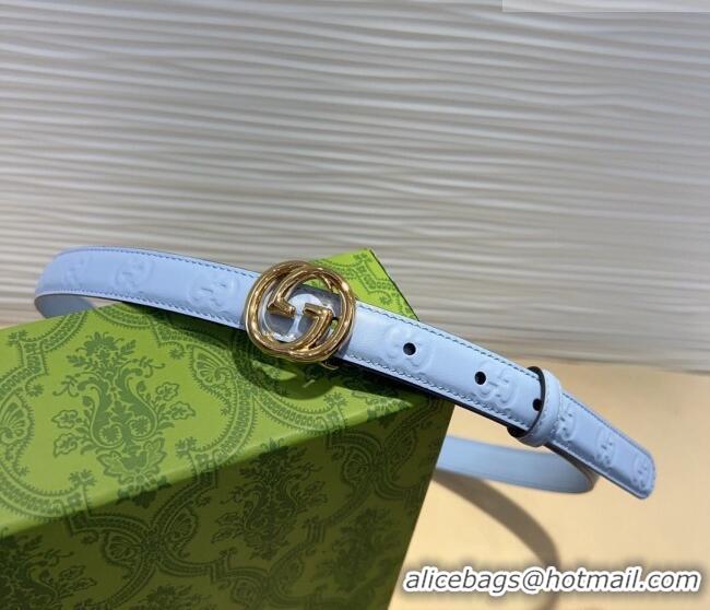 Well Crafted Gucci GG Embossed Leather Belt 2cm with Interlocking G Buckle 1127 Blue/Gold 2024