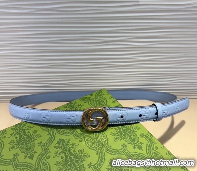 Well Crafted Gucci GG Embossed Leather Belt 2cm with Interlocking G Buckle 1127 Blue/Gold 2024