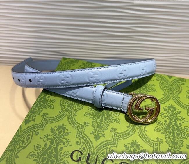 Well Crafted Gucci GG Embossed Leather Belt 2cm with Interlocking G Buckle 1127 Blue/Gold 2024