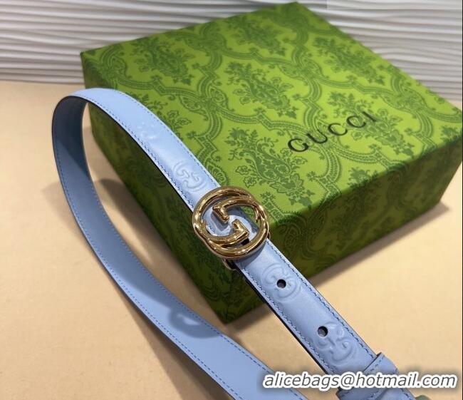 Well Crafted Gucci GG Embossed Leather Belt 2cm with Interlocking G Buckle 1127 Blue/Gold 2024