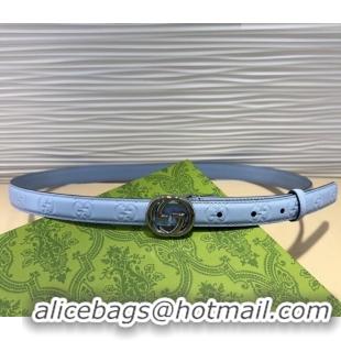 Best Product Gucci GG Embossed Leather Belt 2cm with Interlocking G Buckle 1127 Blue/Silver 2024