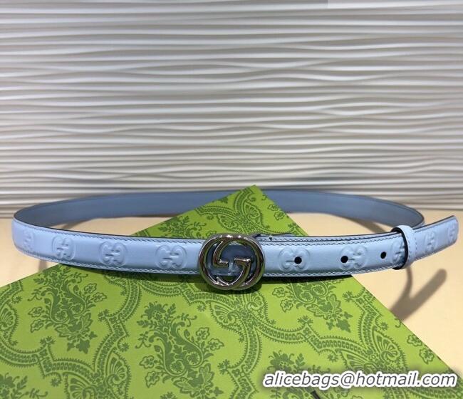 Best Product Gucci GG Embossed Leather Belt 2cm with Interlocking G Buckle 1127 Blue/Silver 2024