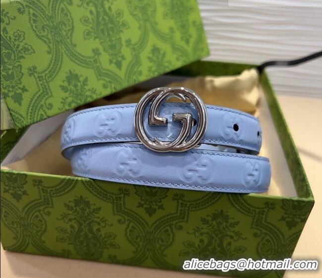Best Product Gucci GG Embossed Leather Belt 2cm with Interlocking G Buckle 1127 Blue/Silver 2024