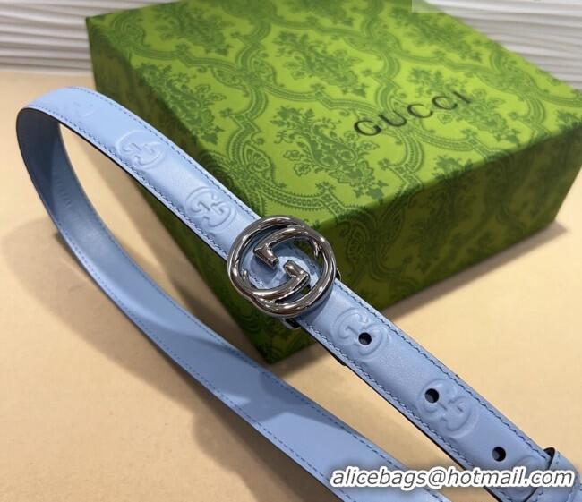 Best Product Gucci GG Embossed Leather Belt 2cm with Interlocking G Buckle 1127 Blue/Silver 2024