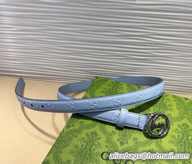 Best Product Gucci GG Embossed Leather Belt 2cm with Interlocking G Buckle 1127 Blue/Silver 2024