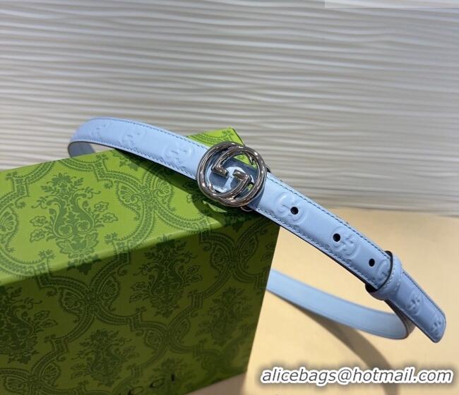 Best Product Gucci GG Embossed Leather Belt 2cm with Interlocking G Buckle 1127 Blue/Silver 2024