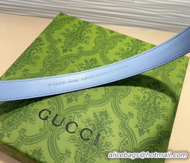 Best Product Gucci GG Embossed Leather Belt 2cm with Interlocking G Buckle 1127 Blue/Silver 2024