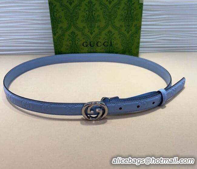 Best Product Gucci GG Embossed Leather Belt 2cm with Interlocking G Buckle 1127 Blue/Silver 2024