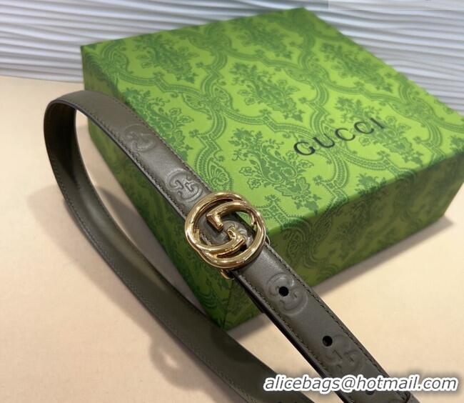 Good Looking Gucci GG Embossed Leather Belt 2cm with Interlocking G Buckle 1127 Green/Gold 2024