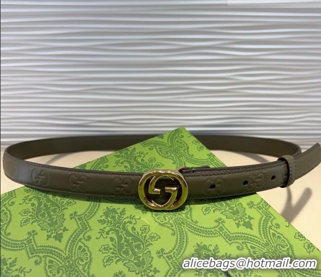 Good Looking Gucci GG Embossed Leather Belt 2cm with Interlocking G Buckle 1127 Green/Gold 2024