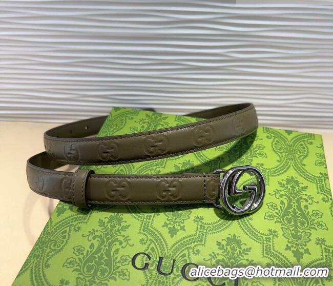 Luxury Cheap Gucci GG Embossed Leather Belt 2cm with Interlocking G Buckle 1127 Green/Silver 2024