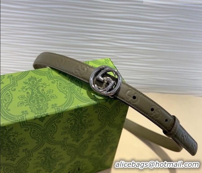 Luxury Cheap Gucci GG Embossed Leather Belt 2cm with Interlocking G Buckle 1127 Green/Silver 2024