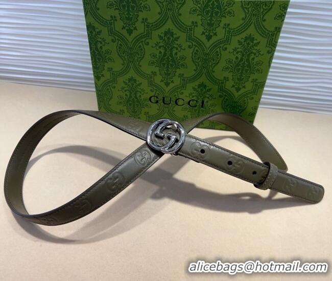 Luxury Cheap Gucci GG Embossed Leather Belt 2cm with Interlocking G Buckle 1127 Green/Silver 2024