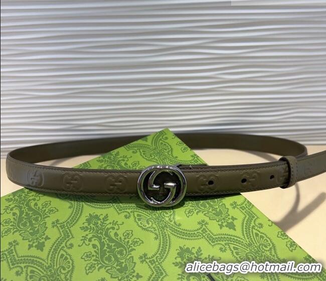 Luxury Cheap Gucci GG Embossed Leather Belt 2cm with Interlocking G Buckle 1127 Green/Silver 2024