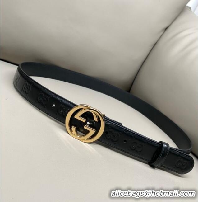 Good Product Gucci Milano Maxi GG Embossed Leather Belt 3cm with Interlocking G Buckle GG010901 Black/Gold 2025