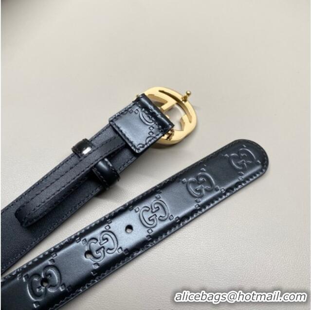 Good Product Gucci Milano Maxi GG Embossed Leather Belt 3cm with Interlocking G Buckle GG010901 Black/Gold 2025