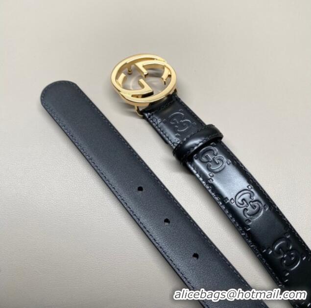 Good Product Gucci Milano Maxi GG Embossed Leather Belt 3cm with Interlocking G Buckle GG010901 Black/Gold 2025