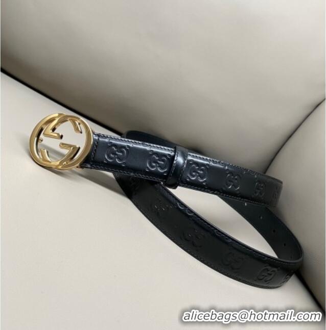 Good Product Gucci Milano Maxi GG Embossed Leather Belt 3cm with Interlocking G Buckle GG010901 Black/Gold 2025