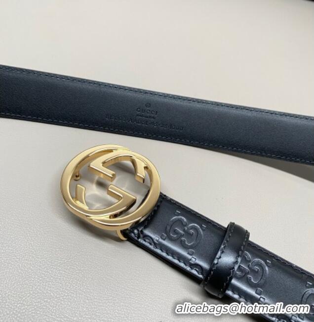 Good Product Gucci Milano Maxi GG Embossed Leather Belt 3cm with Interlocking G Buckle GG010901 Black/Gold 2025
