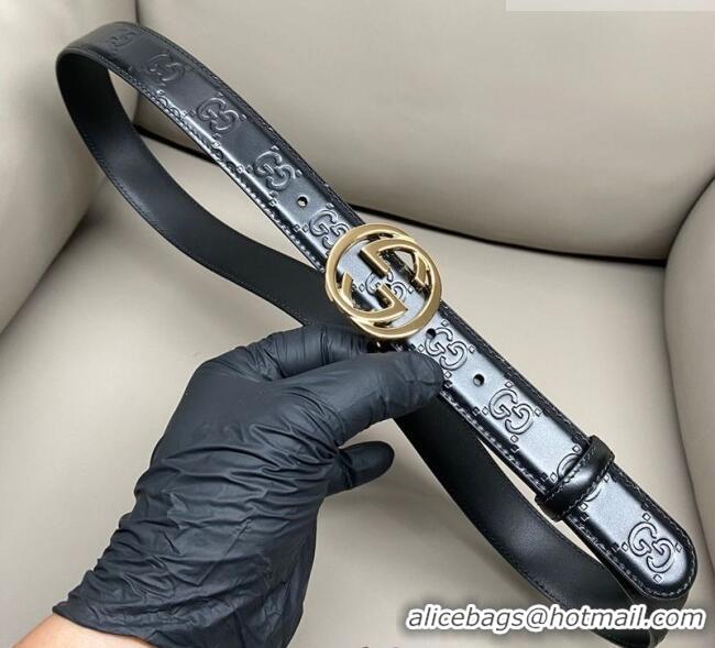 Good Product Gucci Milano Maxi GG Embossed Leather Belt 3cm with Interlocking G Buckle GG010901 Black/Gold 2025