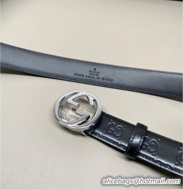 Discount Gucci Milano Maxi GG Embossed Leather Belt 3cm with Interlocking G Buckle GG010901 Black/Silver 2025