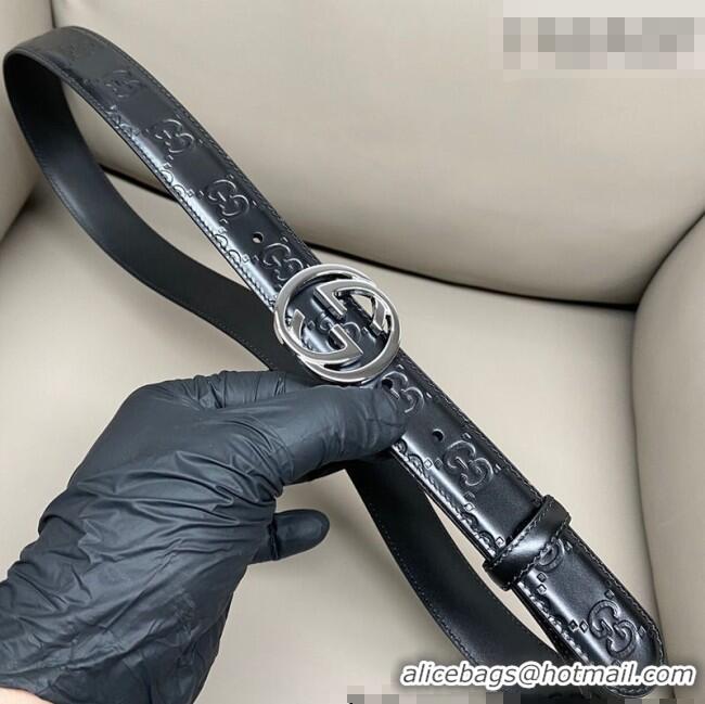 Discount Gucci Milano Maxi GG Embossed Leather Belt 3cm with Interlocking G Buckle GG010901 Black/Silver 2025