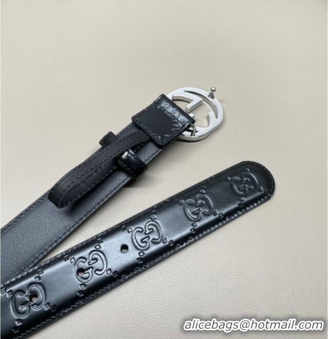 Discount Gucci Milano Maxi GG Embossed Leather Belt 3cm with Interlocking G Buckle GG010901 Black/Silver 2025