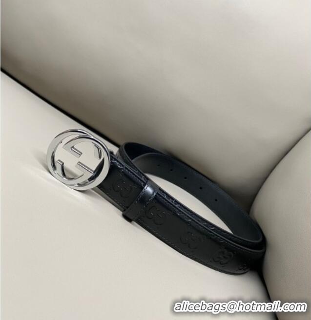 Discount Gucci Milano Maxi GG Embossed Leather Belt 3cm with Interlocking G Buckle GG010901 Black/Silver 2025