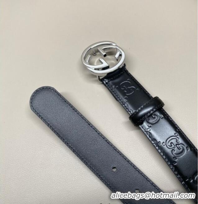 Discount Gucci Milano Maxi GG Embossed Leather Belt 3cm with Interlocking G Buckle GG010901 Black/Silver 2025