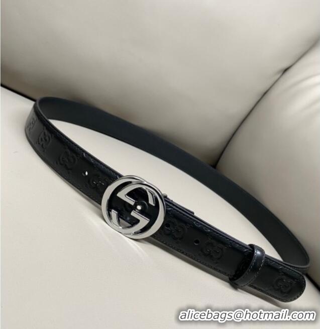 Discount Gucci Milano Maxi GG Embossed Leather Belt 3cm with Interlocking G Buckle GG010901 Black/Silver 2025