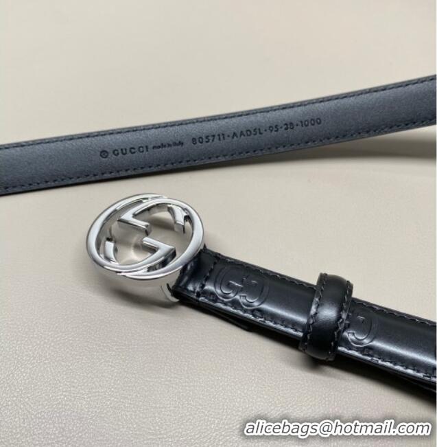 Top Quality Gucci Milano Maxi GG Embossed Leather Belt 2cm with Interlocking G Buckle GG010901 Black/Silver 2025