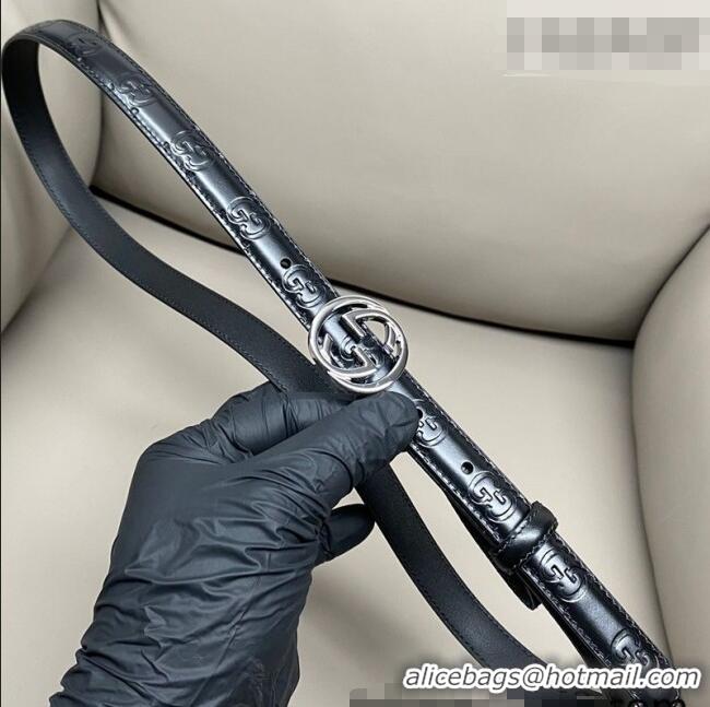 Top Quality Gucci Milano Maxi GG Embossed Leather Belt 2cm with Interlocking G Buckle GG010901 Black/Silver 2025