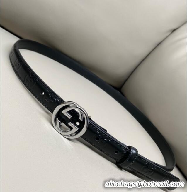 Top Quality Gucci Milano Maxi GG Embossed Leather Belt 2cm with Interlocking G Buckle GG010901 Black/Silver 2025