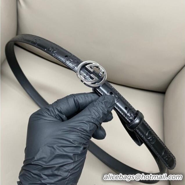 Top Quality Gucci Milano Maxi GG Embossed Leather Belt 2cm with Interlocking G Buckle GG010901 Black/Silver 2025