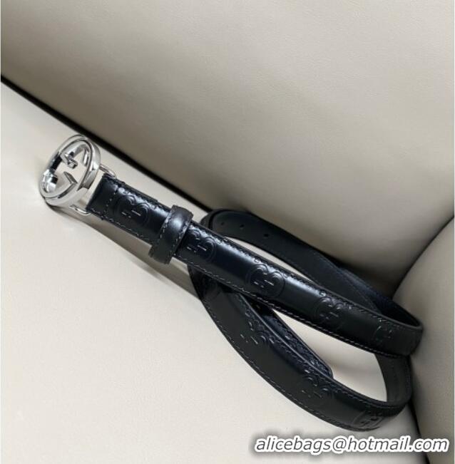 Top Quality Gucci Milano Maxi GG Embossed Leather Belt 2cm with Interlocking G Buckle GG010901 Black/Silver 2025