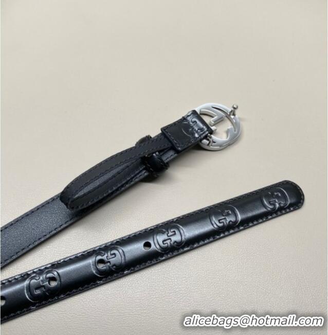 Top Quality Gucci Milano Maxi GG Embossed Leather Belt 2cm with Interlocking G Buckle GG010901 Black/Silver 2025